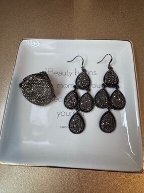 Gunmetal Crystal Teardrop Earrings and Ring Set